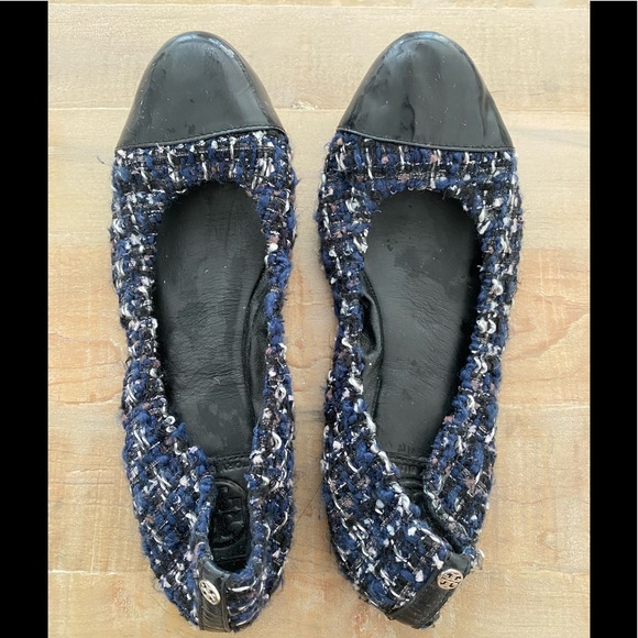 Tory Burch patterned ballet flats shoes tweed navy black - Picture 2 of 11
